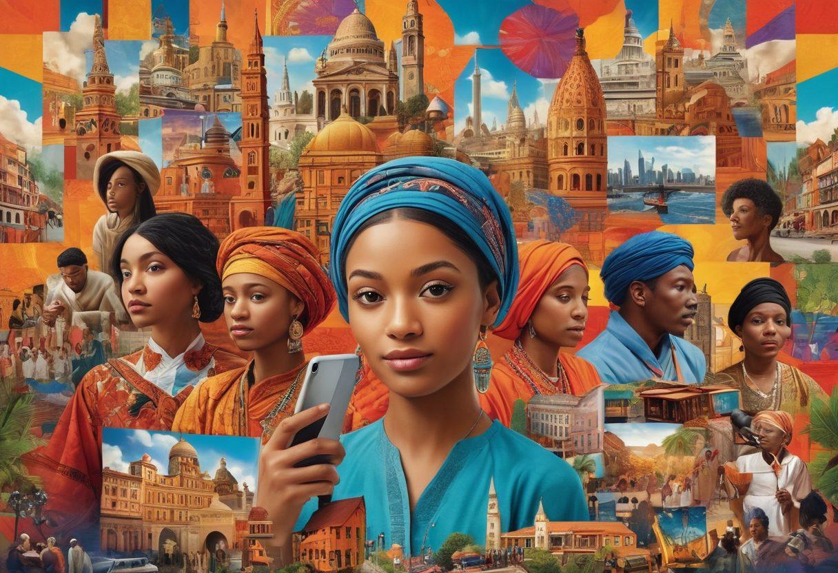 A vibrant collage depicting a diverse group of people sharing their stories through various digital devices, surrounded by cultural symbols and elements that represent different backgrounds. Incorporate visual metaphors such as digital books, social media platforms, and artistic icons that symbolize storytelling. Use a dynamic and colorful cityscape in the background to show the interconnectedness of cultures. vibrant colors. 3D. modern illustration.