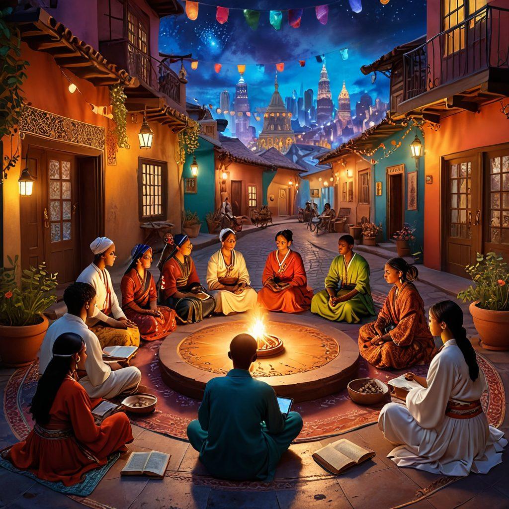 A whimsical scene depicting a diverse group of people engaging in storytelling, surrounded by elements of various cultures such as traditional garments, folklore books, and digital devices. In the background, a vibrant cityscape represents the fusion of lifestyle and culture with storytelling. Soft, ethereal lighting enhances the magical feel of the narrative. super-realistic. vibrant colors. 3D.