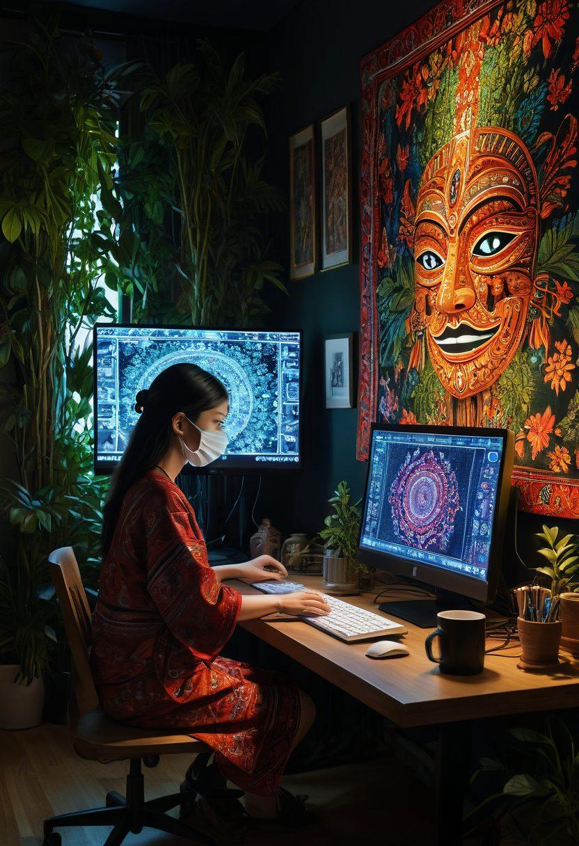 A vibrant digital tapestry that intertwines traditional cultural symbols with modern technology elements, depicting a person weaving narratives on a computer surrounded by various cultural artifacts like masks and textiles. The background should blend the natural world with digital motifs, highlighting the fusion of everyday living with online expression. super-realistic. vibrant colors. 3D.